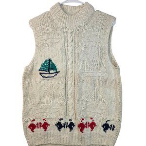 Vintage 80s Woolrich Small Handknit Sweater Vest Coastal Nautical Fish Boat New